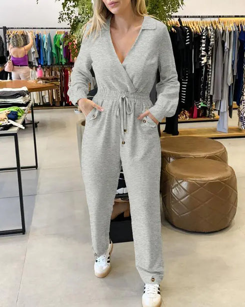 Turn-down Collar Overlap V-Neck Drawstring Stretchy Waist Jumpsuit Casual Flap Pockets Design Jumpsuit gray