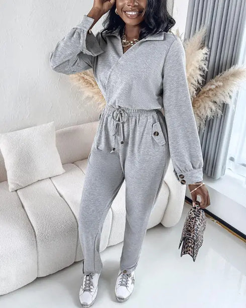 Turn-down Collar Overlap V-Neck Drawstring Stretchy Waist Jumpsuit Casual Flap Pockets Design Jumpsuit gray