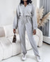 Turn-down Collar Overlap V-Neck Drawstring Stretchy Waist Jumpsuit Casual Flap Pockets Design Jumpsuit gray
