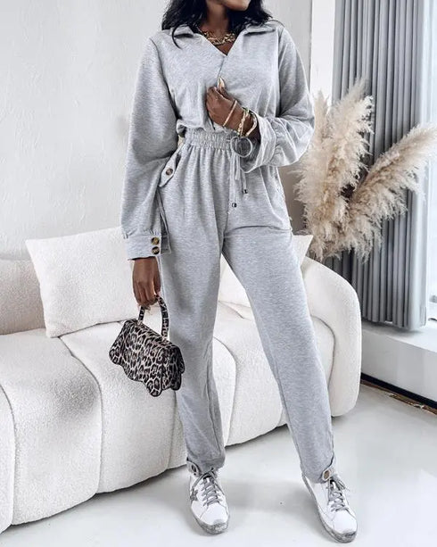Turn-down Collar Overlap V-Neck Drawstring Stretchy Waist Jumpsuit Casual Flap Pockets Design Jumpsuit gray