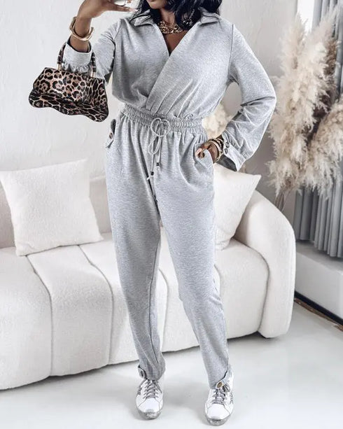 Turn-down Collar Overlap V-Neck Drawstring Stretchy Waist Jumpsuit Casual Flap Pockets Design Jumpsuit gray