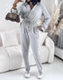 Turn-down Collar Overlap V-Neck Drawstring Stretchy Waist Jumpsuit Casual Flap Pockets Design Jumpsuit gray