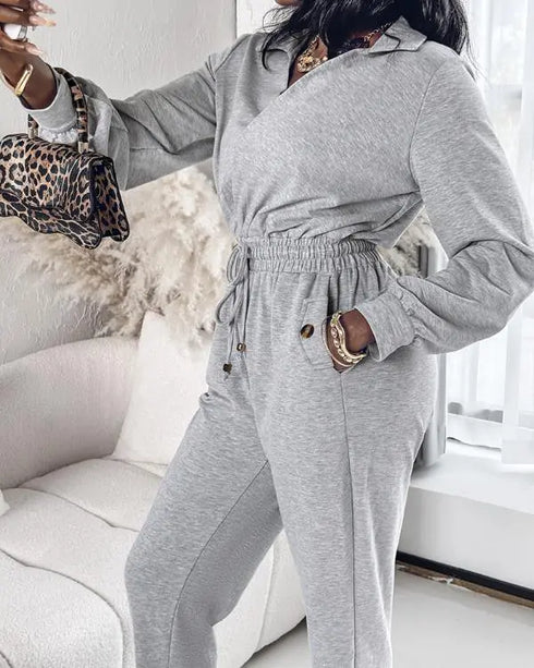 Turn-down Collar Overlap V-Neck Drawstring Stretchy Waist Jumpsuit Casual Flap Pockets Design Jumpsuit gray