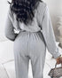 Turn-down Collar Overlap V-Neck Drawstring Stretchy Waist Jumpsuit Casual Flap Pockets Design Jumpsuit gray