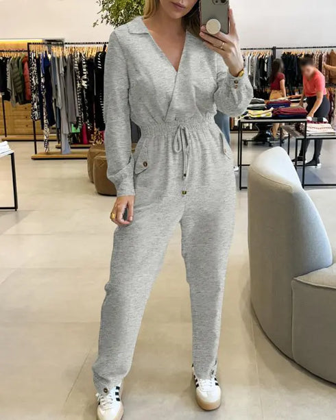 Turn-down Collar Overlap V-Neck Drawstring Stretchy Waist Jumpsuit Casual Flap Pockets Design Jumpsuit gray