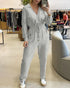 Turn-down Collar Overlap V-Neck Drawstring Stretchy Waist Jumpsuit Casual Flap Pockets Design Jumpsuit gray
