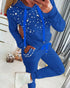 Beaded Hooded Top & Drawstring Pants Set blue