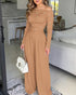 Pearls Decor Skew Neck Long Sleeve Cinched Waist Overalls Casual Ruched Zipper Back Wide Leg Jumpsuit brown