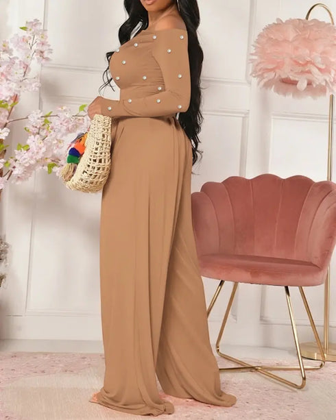 Pearls Decor Skew Neck Long Sleeve Cinched Waist Overalls Casual Ruched Zipper Back Wide Leg Jumpsuit brown
