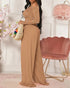 Pearls Decor Skew Neck Long Sleeve Cinched Waist Overalls Casual Ruched Zipper Back Wide Leg Jumpsuit brown