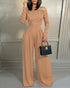 Pearls Decor Skew Neck Long Sleeve Cinched Waist Overalls Casual Ruched Zipper Back Wide Leg Jumpsuit brown