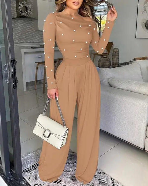 Pearls Decor Skew Neck Long Sleeve Cinched Waist Overalls Casual Ruched Zipper Back Wide Leg Jumpsuit brown
