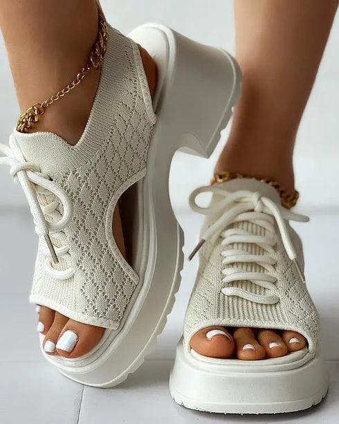 Lace-up Hollow Out Platform Wedge Sandals beige