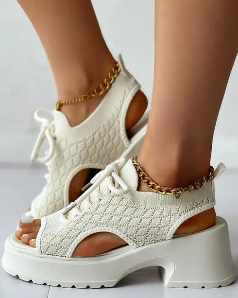 Lace-up Hollow Out Platform Wedge Sandals beige