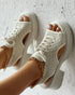 Lace-up Hollow Out Platform Wedge Sandals beige