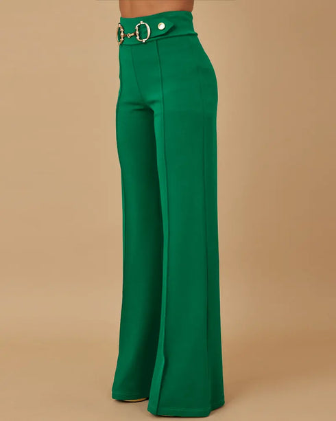 Metal Button Decor High Waist Casual Straight Leg Work Pants green