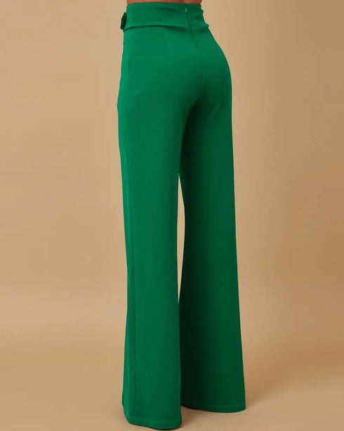 Metal Button Decor High Waist Casual Straight Leg Work Pants green