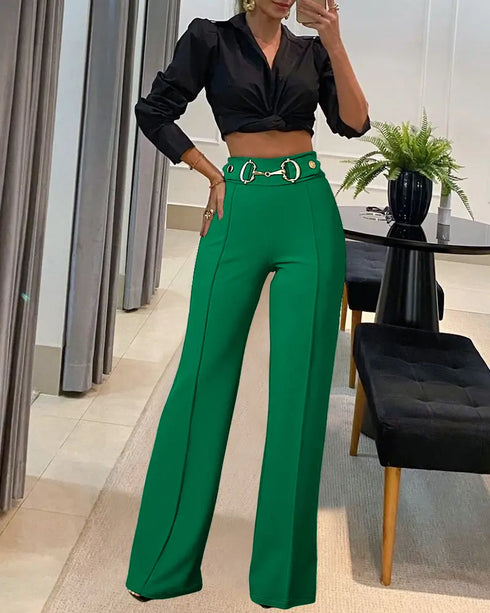 Metal Button Decor High Waist Casual Straight Leg Work Pants green