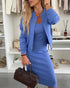 2 Pieces Outfit U-Neck Slit Back Slim Fit Knit Tank Dress and Pearl Button Front Baseball Coat Casual Ribbed Set blue