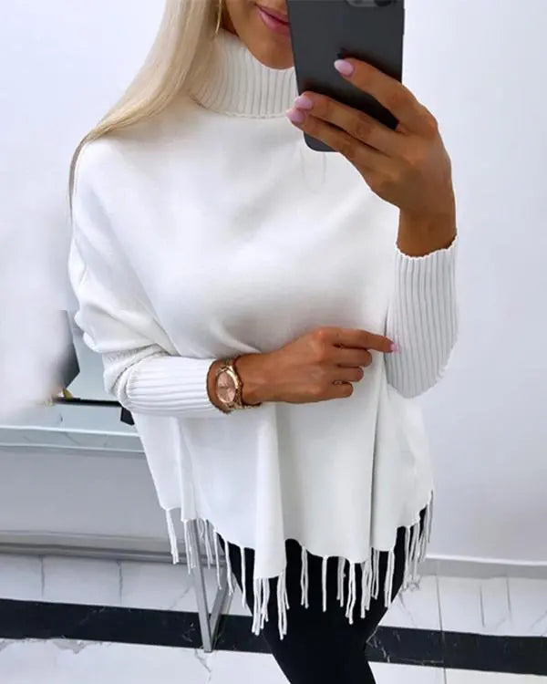 Turtleneck Long Sleeve Tassel Design Knit Sweater white