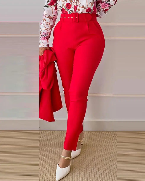 Floral Baroque Print Shirt & High Waist Pants Set red