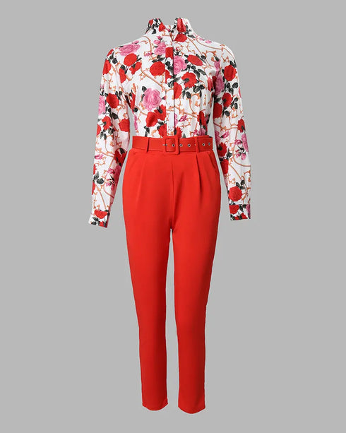 Floral Baroque Print Shirt & High Waist Pants Set red
