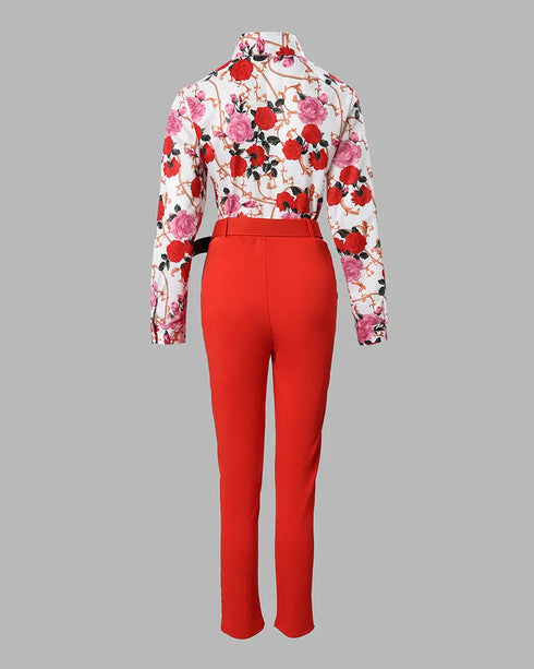 Floral Baroque Print Shirt & High Waist Pants Set red