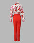 Floral Baroque Print Shirt & High Waist Pants Set red