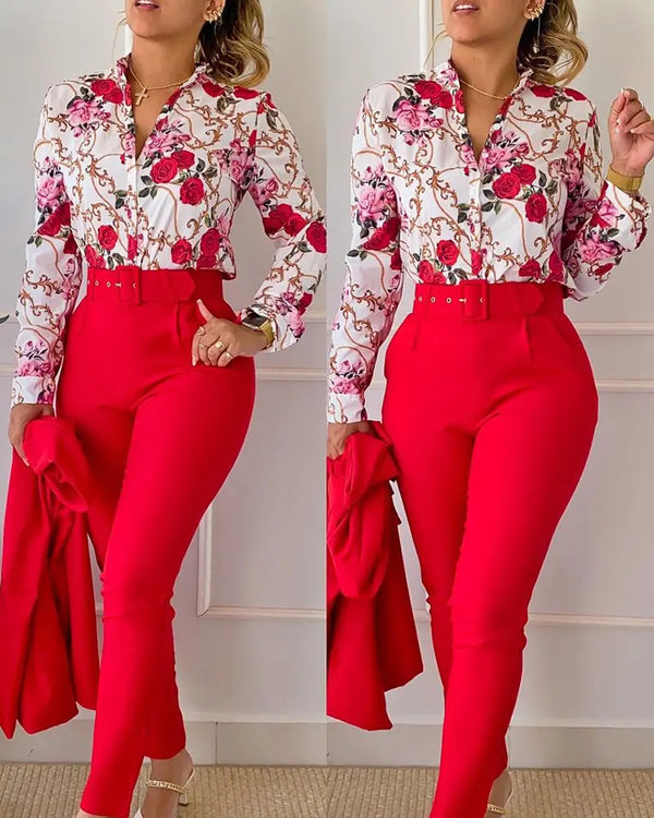 Floral Baroque Print Shirt & High Waist Pants Set red