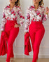 Floral Baroque Print Shirt & High Waist Pants Set red