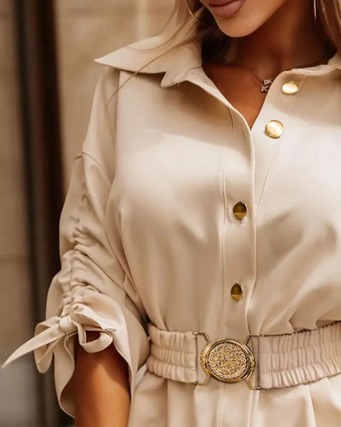 Turn-down Collar Drawstring Sleeve Button Down Shirt Top Apricot