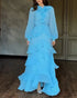 French Style Rhinestone Decor Ruffles Round Neck Lantern Sleeve Asymmetrical Hem Dress Zipper Back Layered Ruffle Hem Chiffon Evening Dress with Belt sky blue