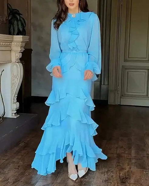 French Style Rhinestone Decor Ruffles Round Neck Lantern Sleeve Asymmetrical Hem Dress Zipper Back Layered Ruffle Hem Chiffon Evening Dress with Belt sky blue