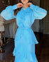 French Style Rhinestone Decor Ruffles Round Neck Lantern Sleeve Asymmetrical Hem Dress Zipper Back Layered Ruffle Hem Chiffon Evening Dress with Belt sky blue
