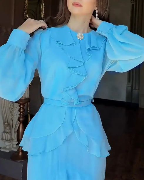 French Style Rhinestone Decor Ruffles Round Neck Lantern Sleeve Asymmetrical Hem Dress Zipper Back Layered Ruffle Hem Chiffon Evening Dress with Belt sky blue