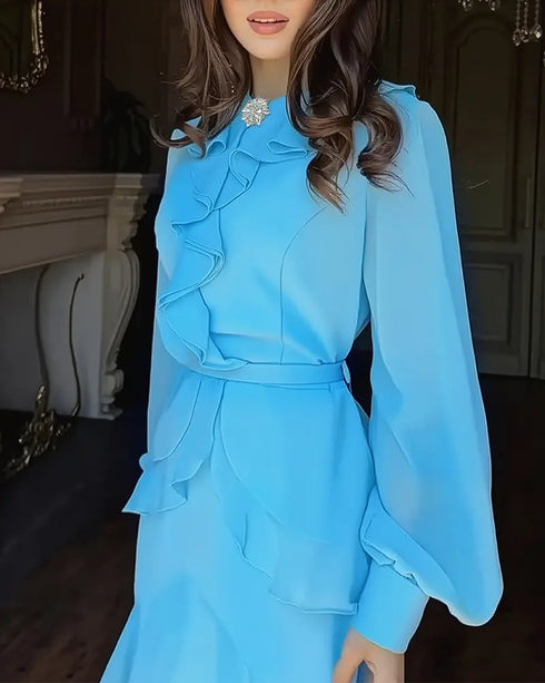 French Style Rhinestone Decor Ruffles Round Neck Lantern Sleeve Asymmetrical Hem Dress Zipper Back Layered Ruffle Hem Chiffon Evening Dress with Belt sky blue