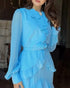 French Style Rhinestone Decor Ruffles Round Neck Lantern Sleeve Asymmetrical Hem Dress Zipper Back Layered Ruffle Hem Chiffon Evening Dress with Belt sky blue
