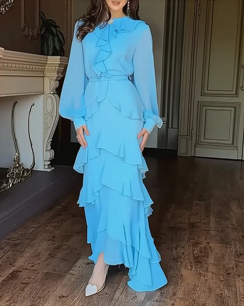 French Style Rhinestone Decor Ruffles Round Neck Lantern Sleeve Asymmetrical Hem Dress Zipper Back Layered Ruffle Hem Chiffon Evening Dress with Belt sky blue