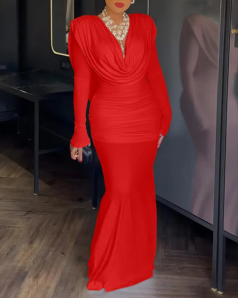 Cowl Neck Ruched Zipper Back Slim Fit Maxi Dress Casual Padded Shoulders Backless Evening Dress red