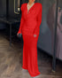 Cowl Neck Ruched Zipper Back Slim Fit Maxi Dress Casual Padded Shoulders Backless Evening Dress red