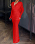 Cowl Neck Ruched Zipper Back Slim Fit Maxi Dress Casual Padded Shoulders Backless Evening Dress red