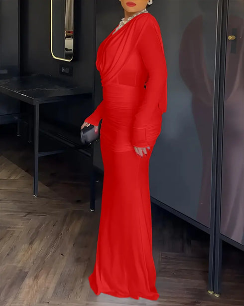 Cowl Neck Ruched Zipper Back Slim Fit Maxi Dress Casual Padded Shoulders Backless Evening Dress red