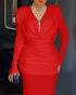 Cowl Neck Ruched Zipper Back Slim Fit Maxi Dress Casual Padded Shoulders Backless Evening Dress red