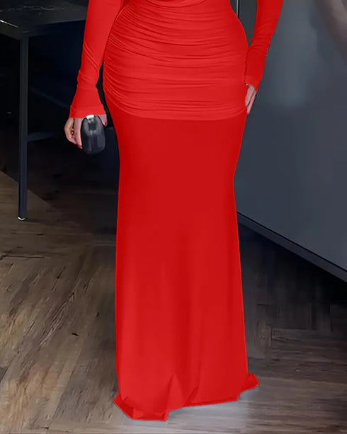 Cowl Neck Ruched Zipper Back Slim Fit Maxi Dress Casual Padded Shoulders Backless Evening Dress red