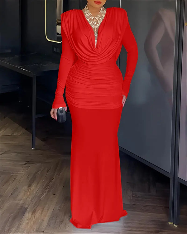 Cowl Neck Ruched Zipper Back Slim Fit Maxi Dress Casual Padded Shoulders Backless Evening Dress red