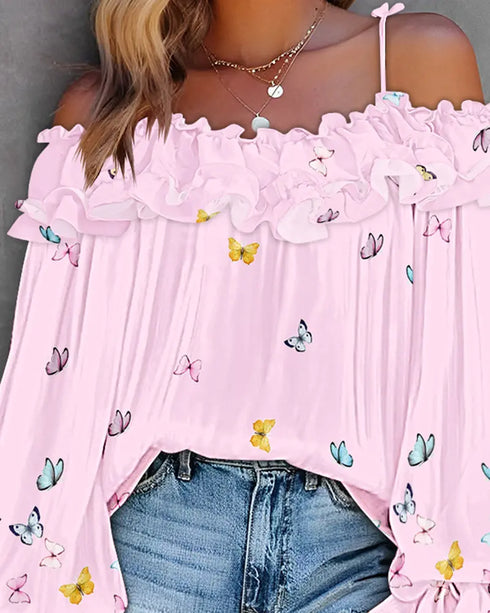 Floral Print Deep V-Neck Contrast Lace Flare Sleeve Bow Tie Front Blouse Casual Ruffle Hem Loose Top pink