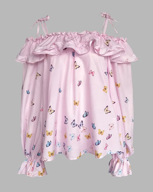 Floral Placement Print Deep V-Neck Contrast Lace Lantern Sleeve Flare Cuffs Blouse Casual Bow Tie Front Ruffle Hem Loose Top pink