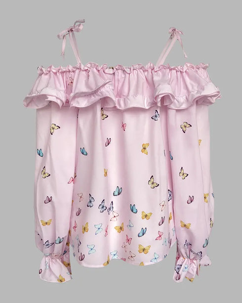 Ombre Cold Shoulder Lantern Sleeve Frill Ruffle Hem Blouse Top pink