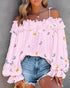 Floral Print Deep V-Neck Contrast Lace Flare Sleeve Bow Tie Front Blouse Casual Ruffle Hem Loose Top pink