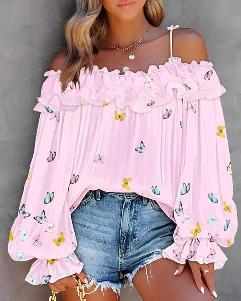 Ombre Cold Shoulder Lantern Sleeve Frill Ruffle Hem Blouse Top pink